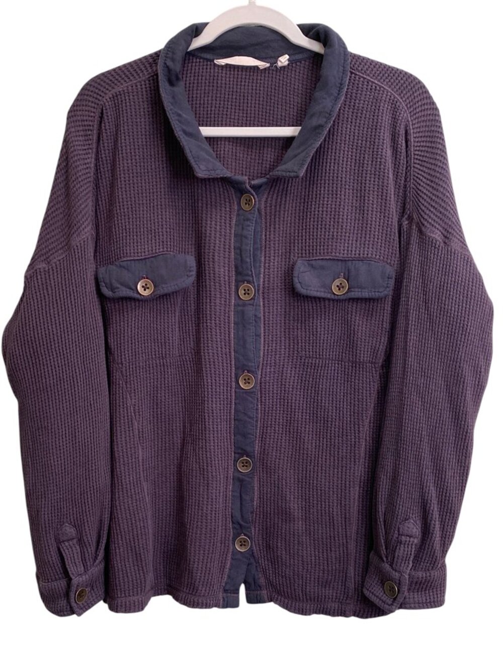 Soft Surroundings Waffle Knit Thermal Shacket Shirt Button Up Purple Grunge-L
